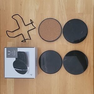Viski Black Marble Coasters Set of 4 with stand & Cork Backing